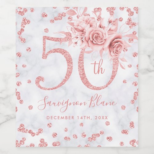 Rose Gold 50th Birthday Floral Glam Marble  Wine Label