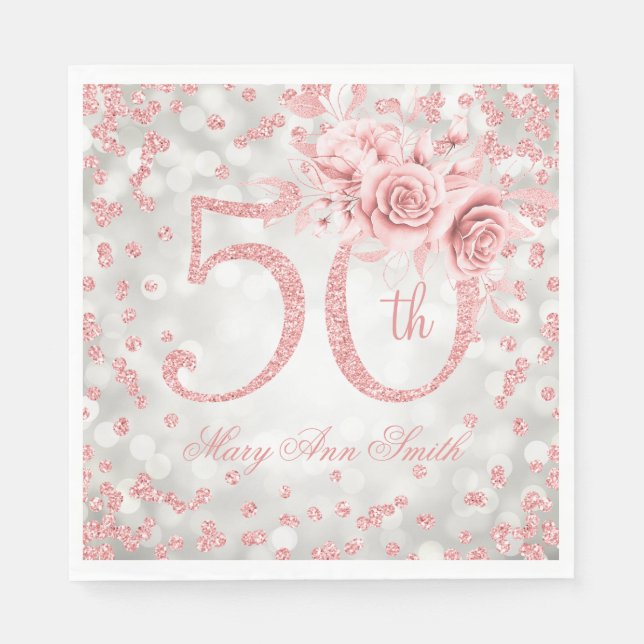 Rose Gold 50th Birthday Floral Lights Silver  Napkins (Front)