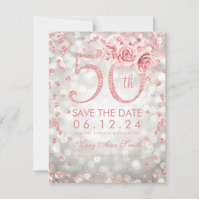 Rose Gold 50th Birthday Glam Lights Silver Save The Date (Front)