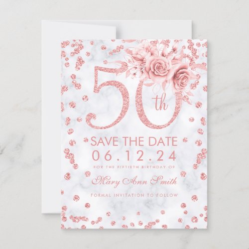 Rose Gold 50th Birthday Glam Marble  Save The Date