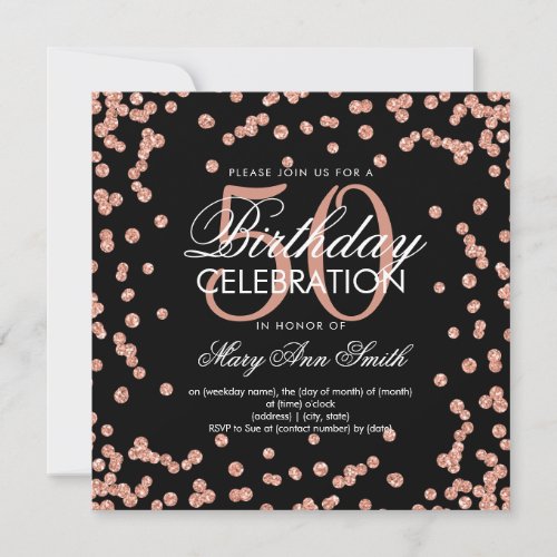 Rose Gold 50th Birthday Glitter Confetti Black Invitation