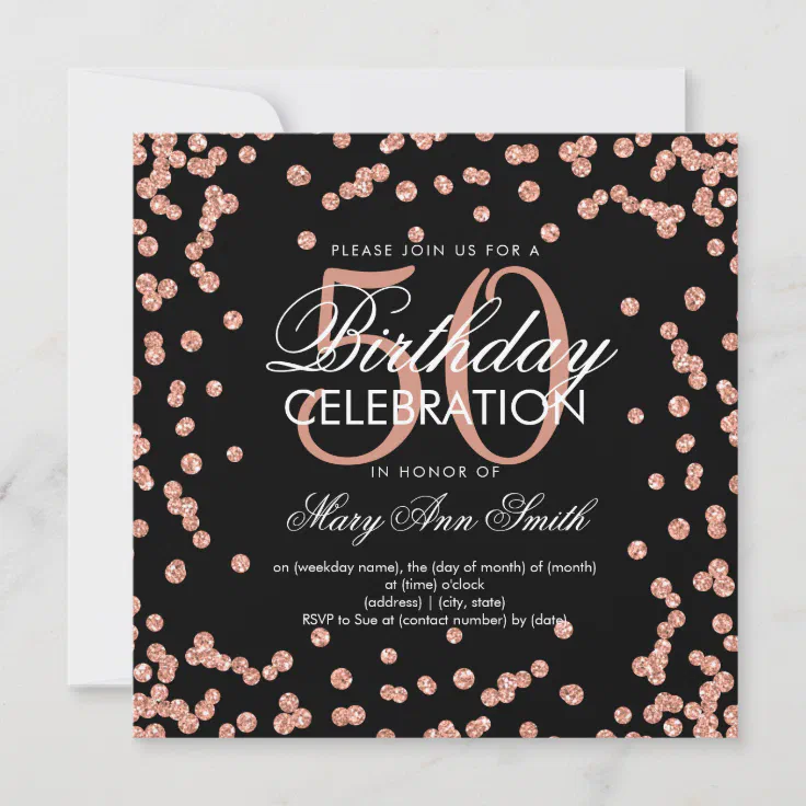 Rose Gold 50th Birthday Glitter Confetti Black Invitation | Zazzle