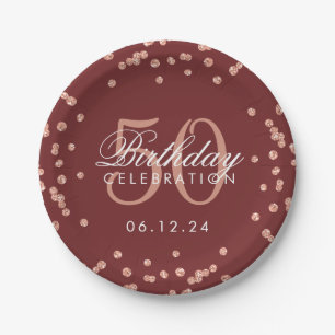 Rose Gold 50th Birthday Glitter Confetti Burgundy Paper Plates