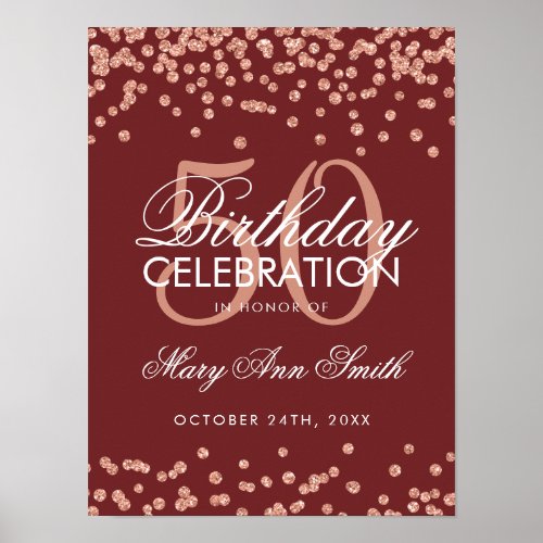 Rose Gold 50th Birthday Glitter Confetti Burgundy Poster