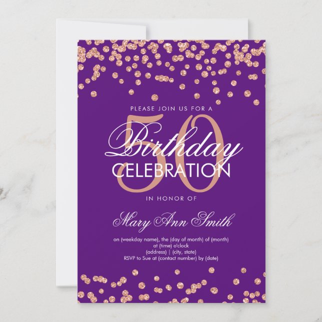 Rose Gold 50th Birthday Glitter Confetti Purple Invitation (Front)