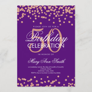 Rose Gold 50th Birthday Glitter Confetti Purple Invitation