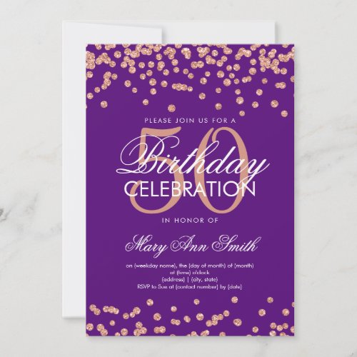 Rose Gold 50th Birthday Glitter Confetti Purple Invitation