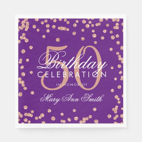 Rose Gold 50th Birthday Glitter Confetti Purple Napkins