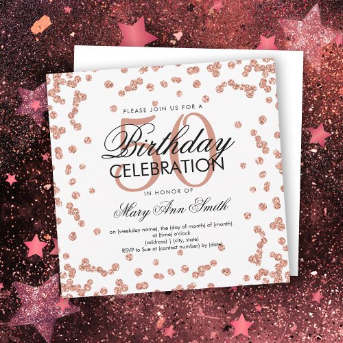 Rose Gold 50th Birthday Glitter Confetti White Invitation