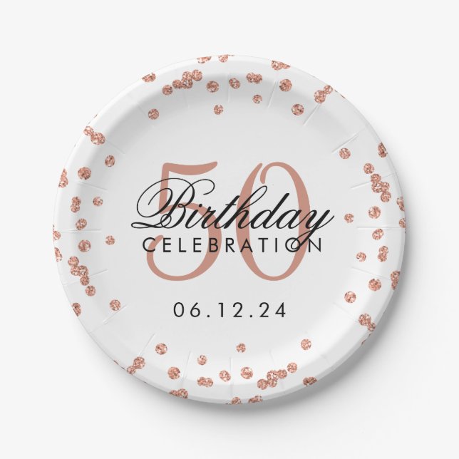 Rose Gold 50th Birthday Glitter Confetti White Paper Plates (Front)