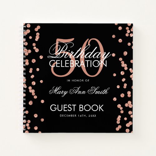 Rose Gold 50th Birthday Guestbook Confetti Black Notebook