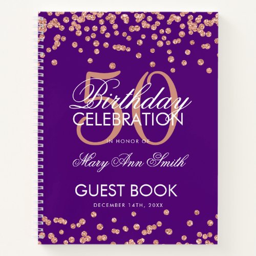 Rose Gold 50th Birthday Guestbook Confetti Purple Notebook