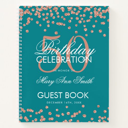 Rose Gold 50th Birthday Guestbook Confetti Teal Notebook