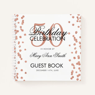 Rose Gold 50th Birthday Guestbook Confetti White Notebook