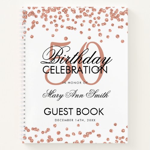 Rose Gold 50th Birthday Guestbook Confetti White Notebook