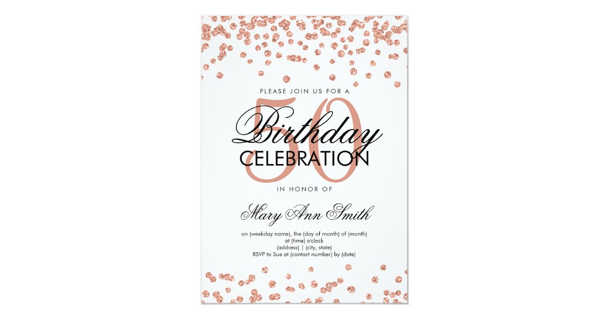 Rose Gold 50th Birthday Party Glitter Confetti Invitation | Zazzle.com