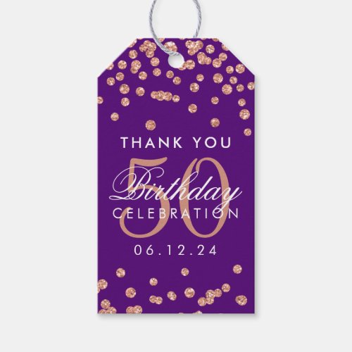 Rose Gold 50th Birthday Thank You Confetti Purple Gift Tags