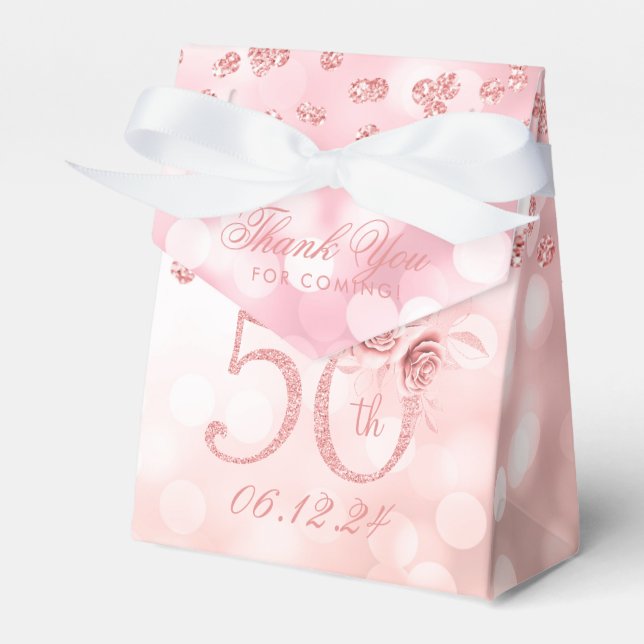 Rose Gold 50th Birthday Thank You Floral Lights Favor Boxes (Front Side)