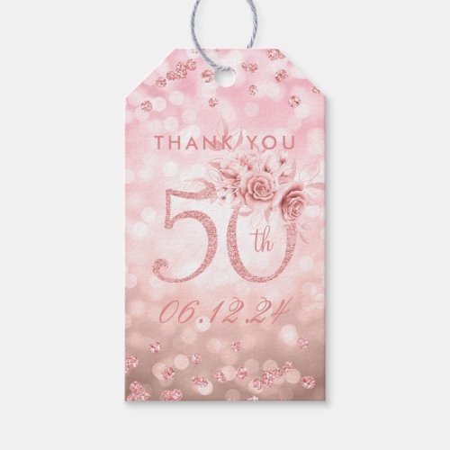 Rose Gold 50th Birthday Thank You Glam Lights Gift Tags