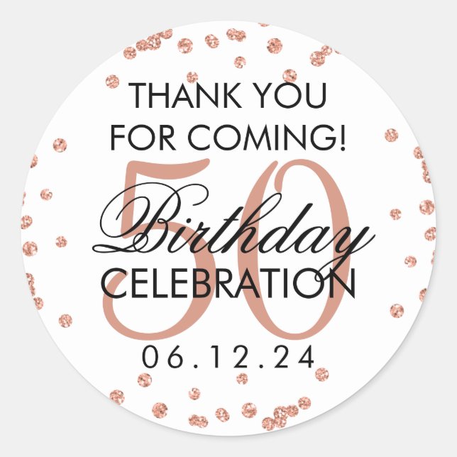 Rose Gold 50th Birthday Thank You Glitter Confetti Classic Round Sticker (Front)