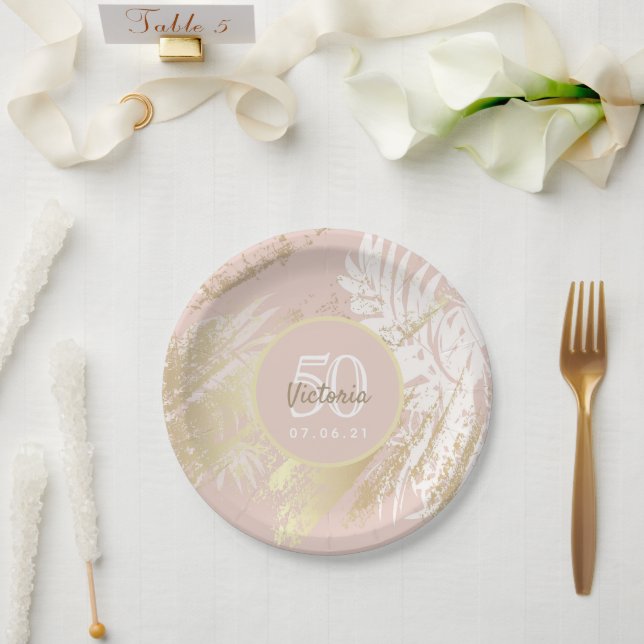 Rose gold 50th birthday tropical palm tree leaves paper plates (Wedding)