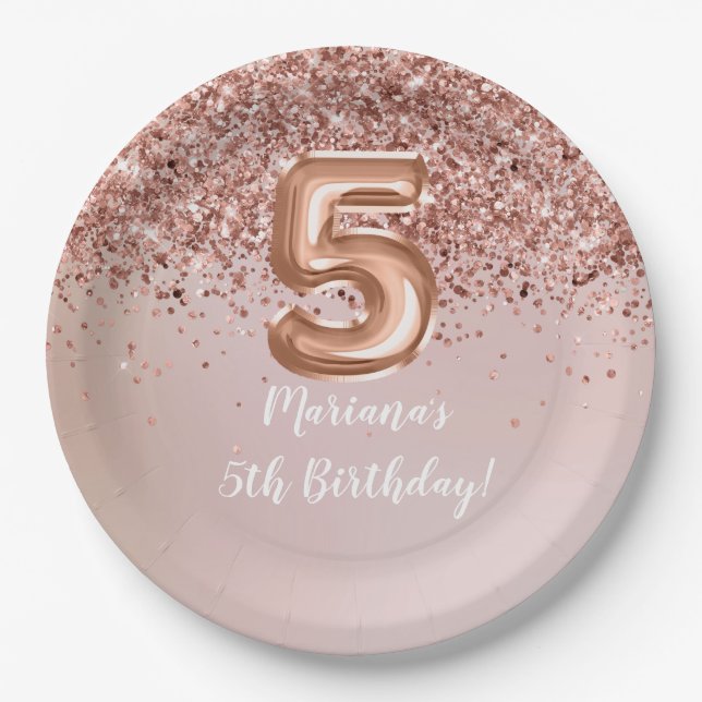  Rose Gold 5th Birthday Party Paper Plates (Front)