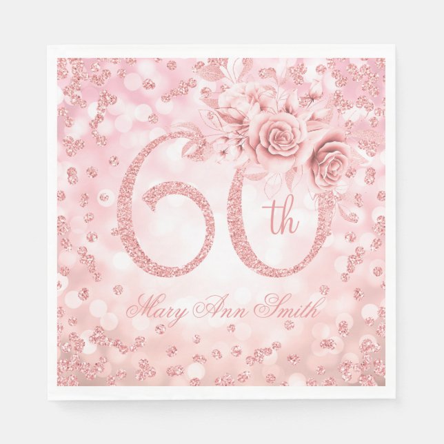 Rose Gold 60th Birthday Floral Glam Lights  Napkins (Front)