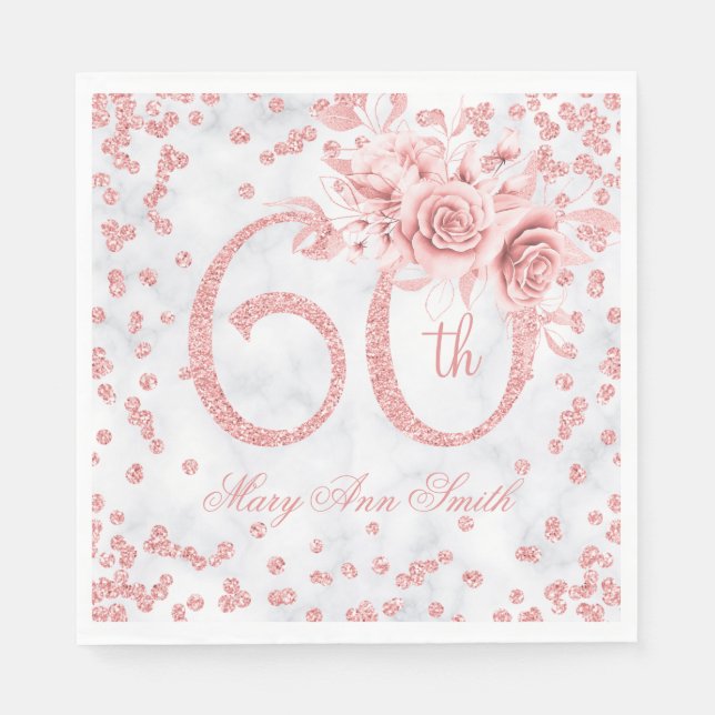 Rose Gold 60th Birthday Floral Glam Marble  Napkins (Front)