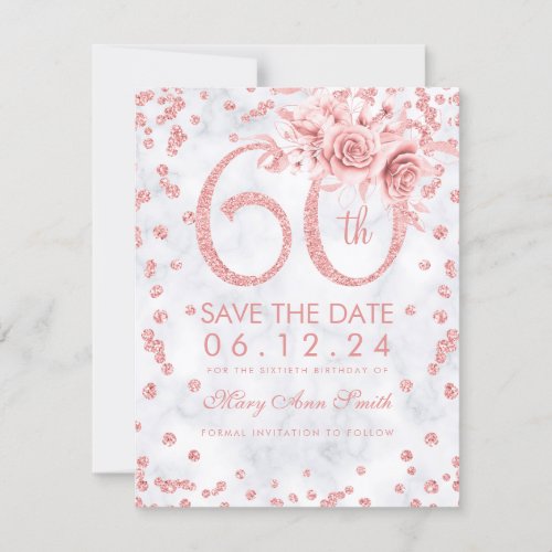 Rose Gold 60th Birthday Glam Marble Save The Date
