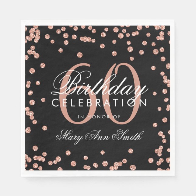 Rose Gold 60th Birthday Glitter Confetti Black Napkins (Front)