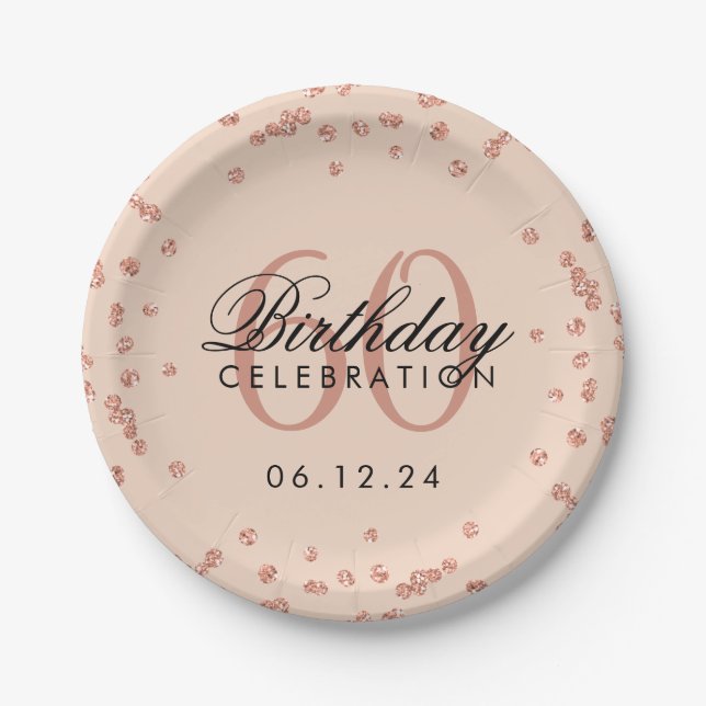 Rose Gold 60th Birthday Glitter Confetti Blush Paper Plates (Front)