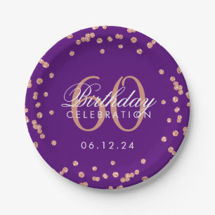 Rose Gold 60th Birthday Glitter Confetti Purple Paper Plates