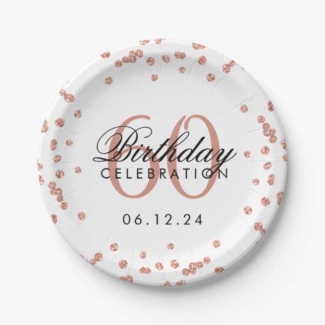 Rose Gold 60th Birthday Glitter Confetti White Paper Plates (Front)