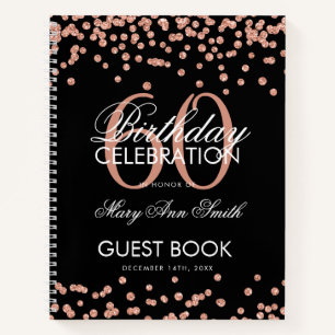 Rose Gold 60th Birthday Guestbook Confetti Black Notebook