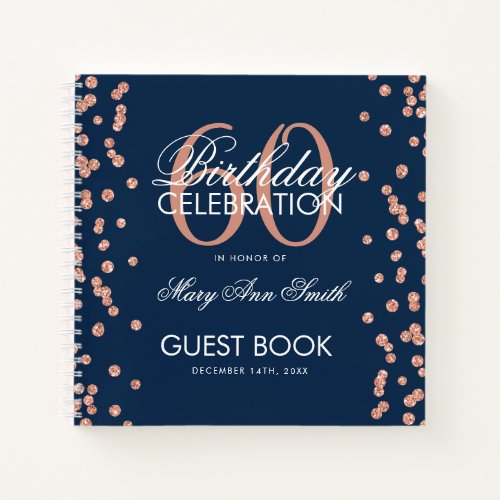 Rose Gold 60th Birthday Guestbook Confetti Navy Notebook