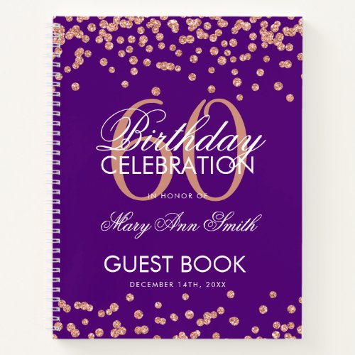 Rose Gold 60th Birthday Guestbook Confetti Purple Notebook