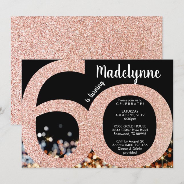 Rose Gold 60th Birthday Invitation - Female 60th (Front/Back)