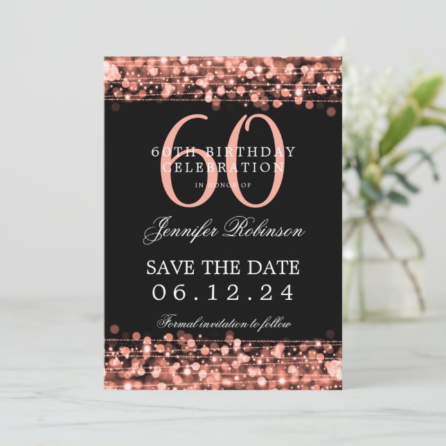 Rose Gold 60th Birthday Party Save the Date  Invitation (Standing Front)