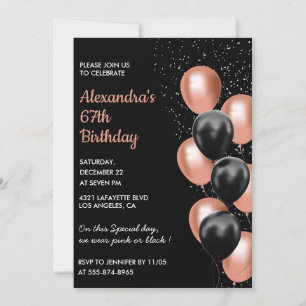 Rose gold 67th birthday invitation Balloon Black