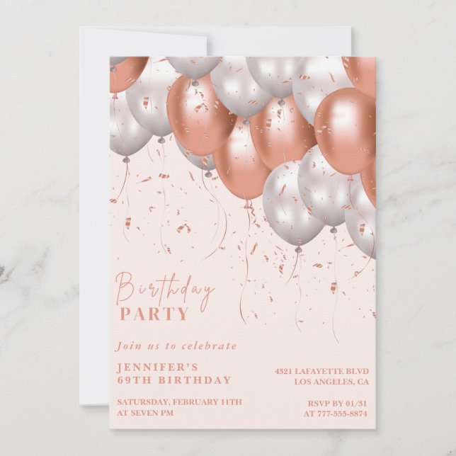 Rose gold 69th birthday invitations Balloon Glam  (Front)