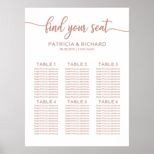 Rose Gold 6 Tables Wedding Seating Chart