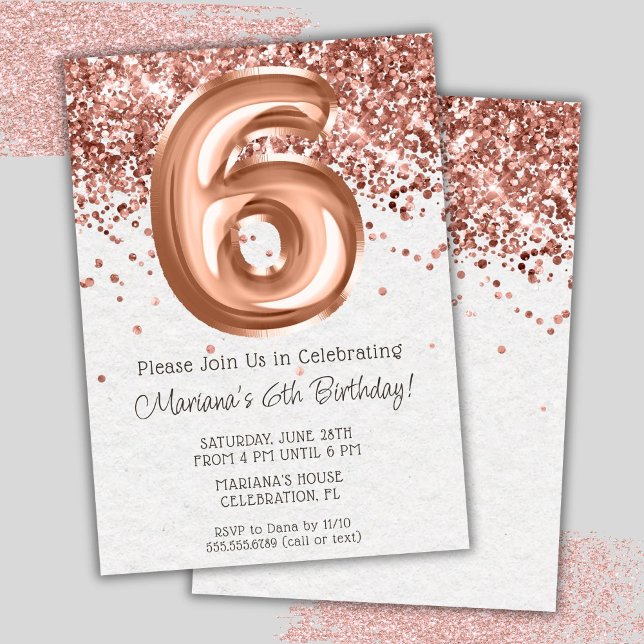 Rose Gold 6th Birthday Party Invitation (Creator Uploaded)