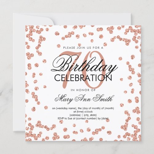 Rose Gold 70th Birthday Elegant Glitter Confetti Invitation