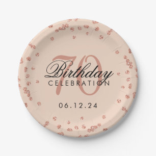Rose Gold 70th Birthday Glitter Confetti Blush Paper Plates