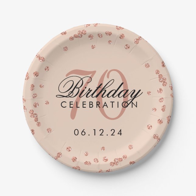 Rose Gold 70th Birthday Glitter Confetti Blush Paper Plates (Front)