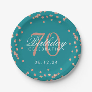 Rose Gold 70th Birthday Glitter Confetti Teal Paper Plates