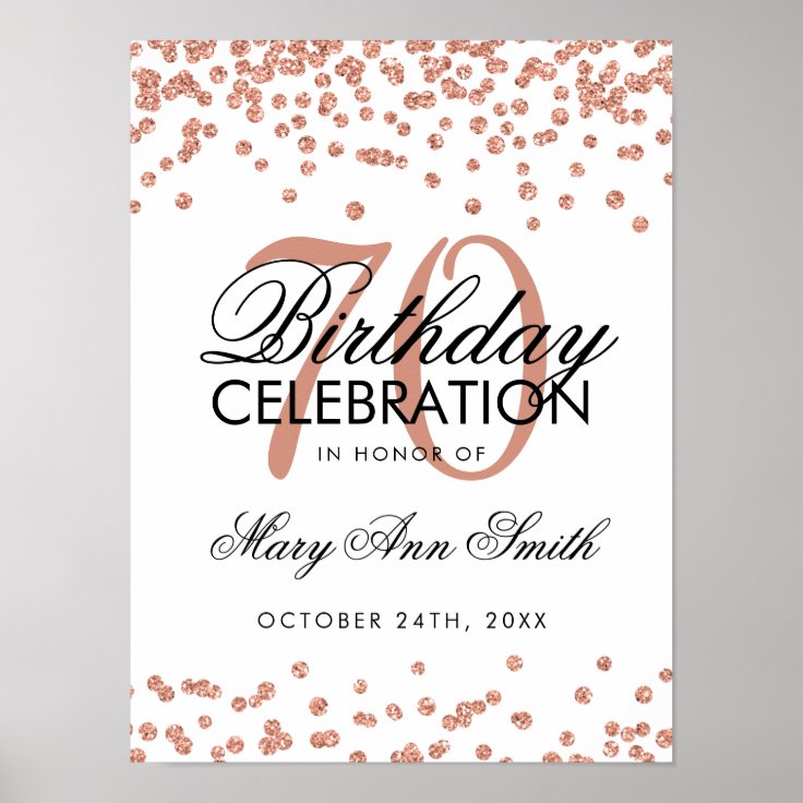 Rose Gold 70th Birthday Glitter Confetti White Poster | Zazzle