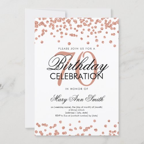 Rose Gold 70th Birthday Party Glitter Confetti Invitation