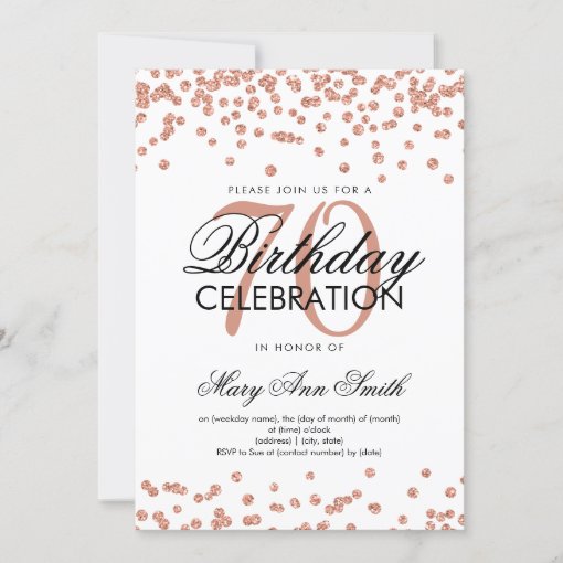 Rose Gold 70th Birthday Party Glitter Confetti Invitation | Zazzle