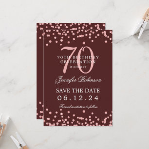 Rose Gold 70th Birthday Save Date Details Burgundy Invitation